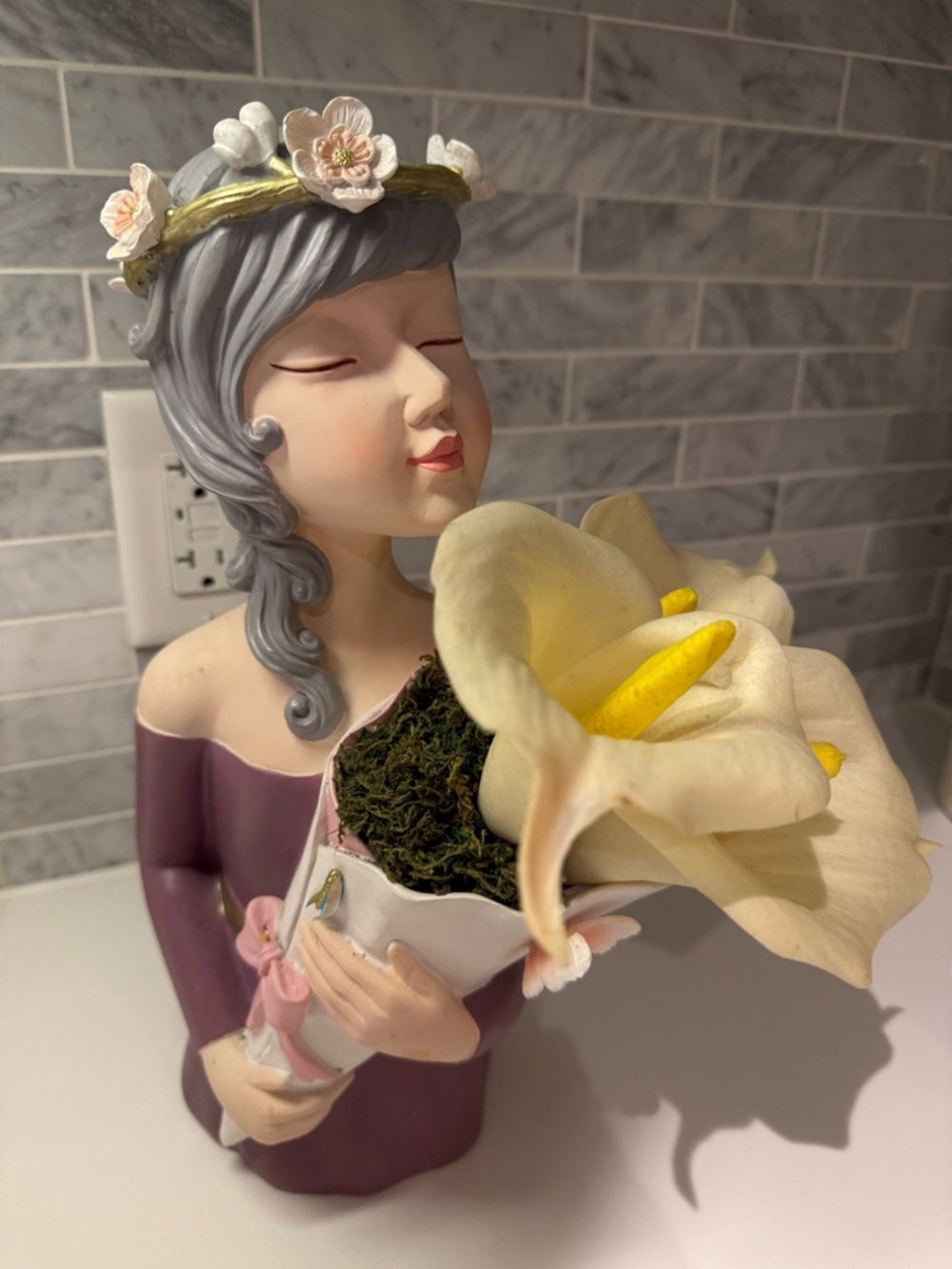 Floral Girl Ceramic Vase - Lavender Dress with Cream Calla Lilies